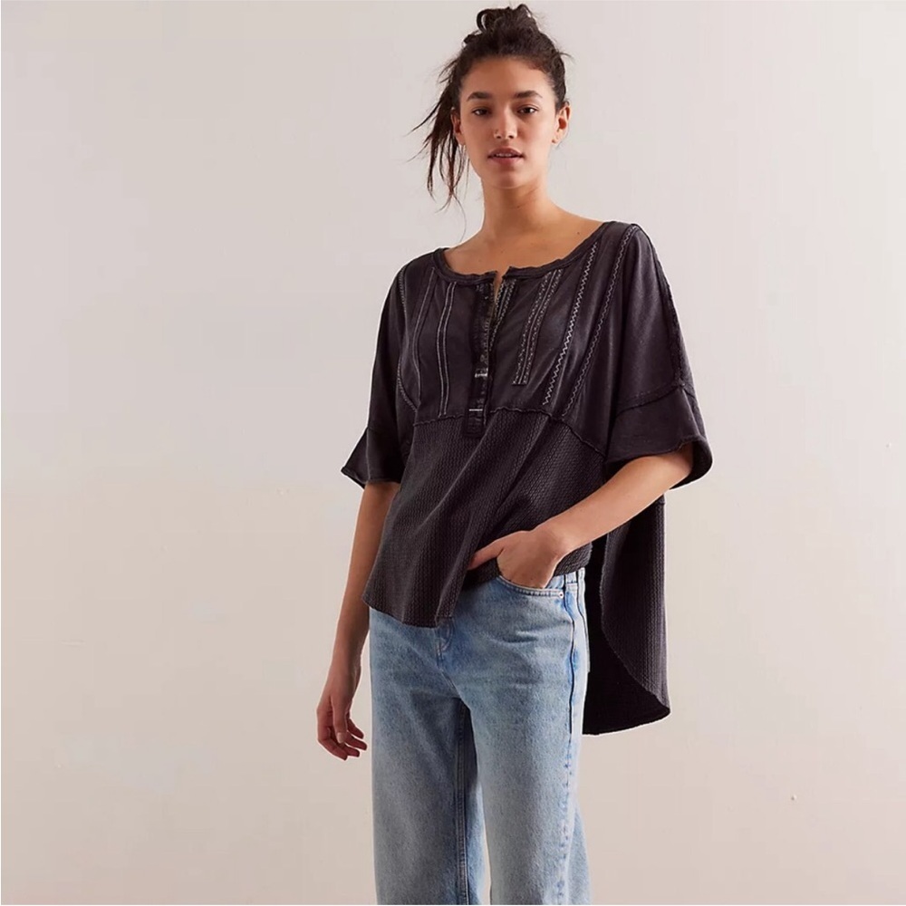 FP We The Free My Feelings Henley Top Shirt Gray Sz S Oversized Boho Grunge
